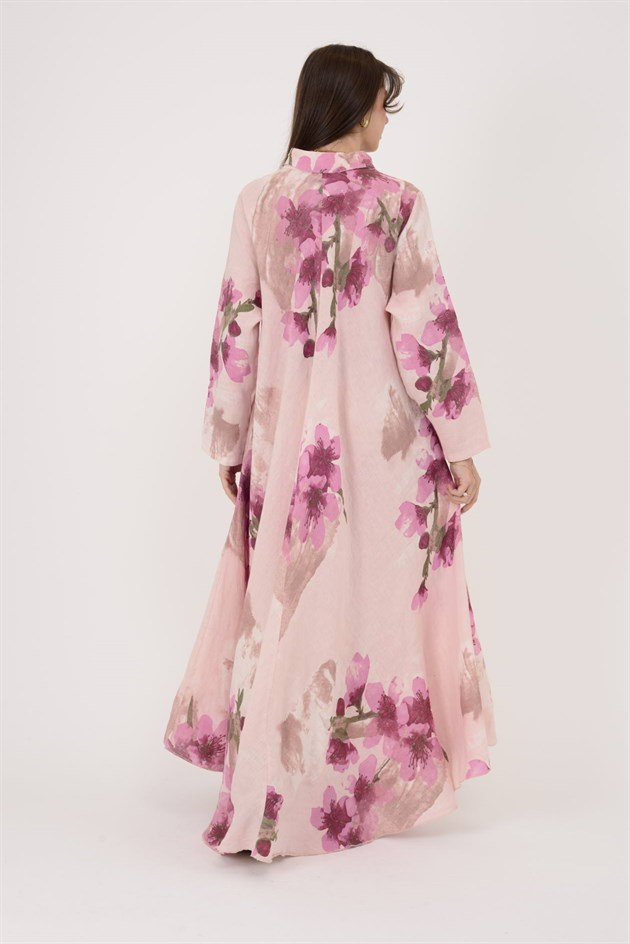 12794 SPRING ÇİÇEK DESEN GÖMLEK YAKA KETEN ELBİSE