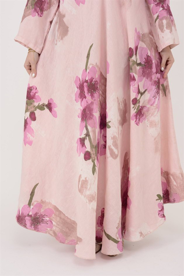 12794 SPRING ÇİÇEK DESEN GÖMLEK YAKA KETEN ELBİSE