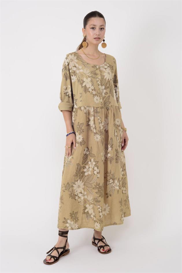 1283 LOVA BAHAR DESEN DÜĞMELİ KETEN ELBİSE