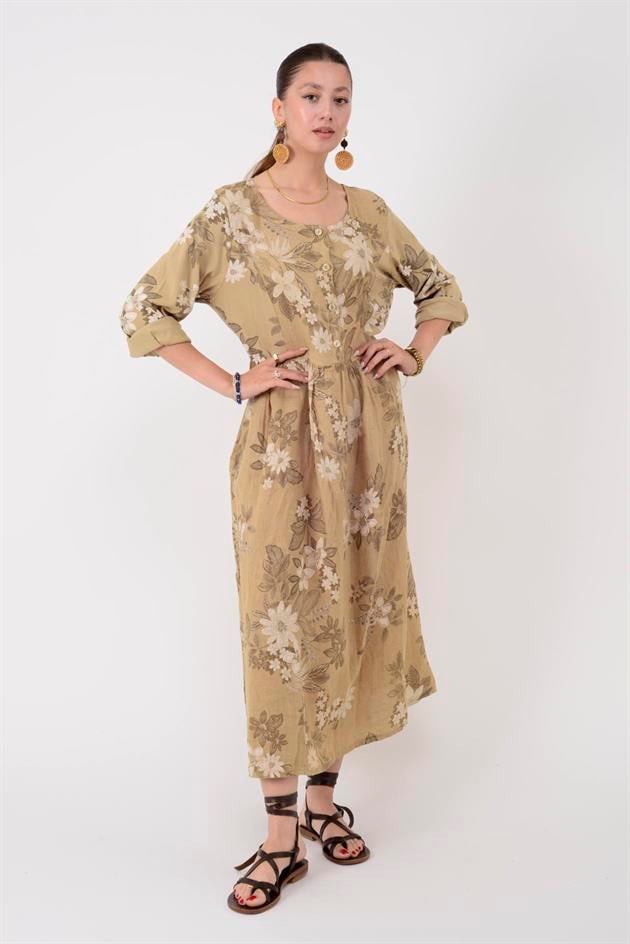 1283 LOVA BAHAR DESEN DÜĞMELİ KETEN ELBİSE