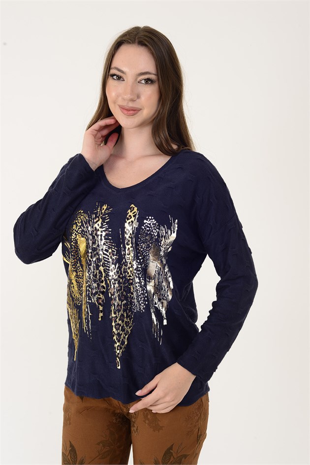 12911 YALDIZLI LEOPAR DESEN TRİKO BLUZ