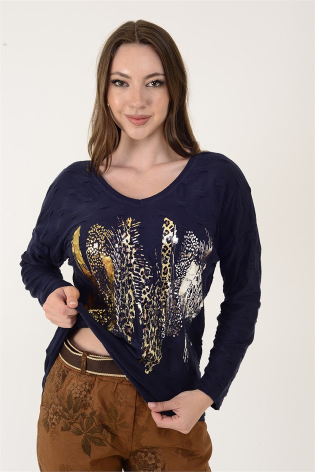12911 YALDIZLI LEOPAR DESEN TRİKO BLUZ