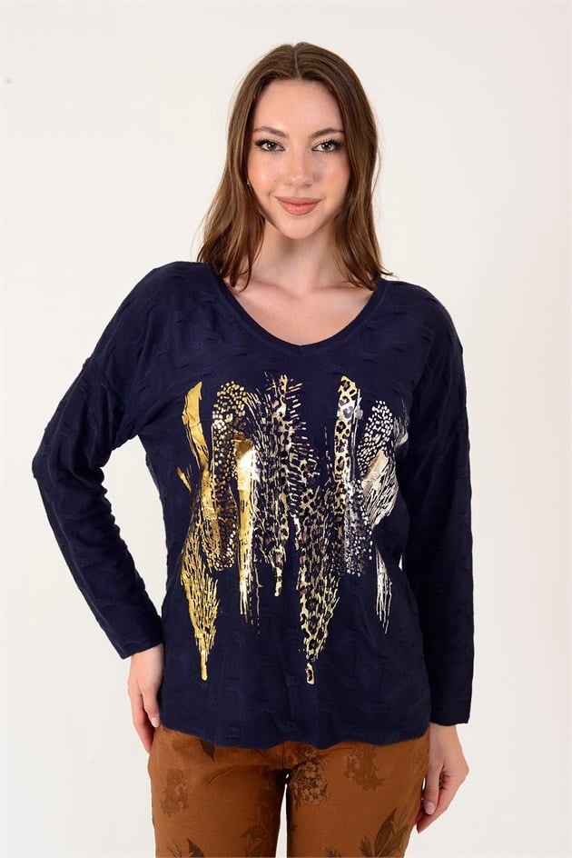 12911 YALDIZLI LEOPAR DESEN TRİKO BLUZ