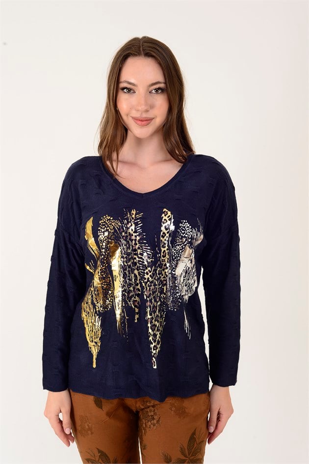 12911 YALDIZLI LEOPAR DESEN TRİKO BLUZ