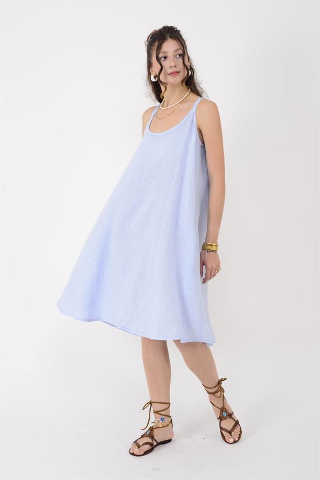 129151 AYARLANABİLİR ASKILI KISA KETEN ELBİSE