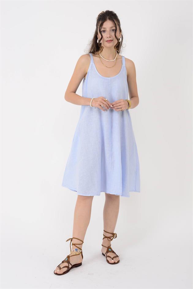 129151 AYARLANABİLİR ASKILI KISA KETEN ELBİSE