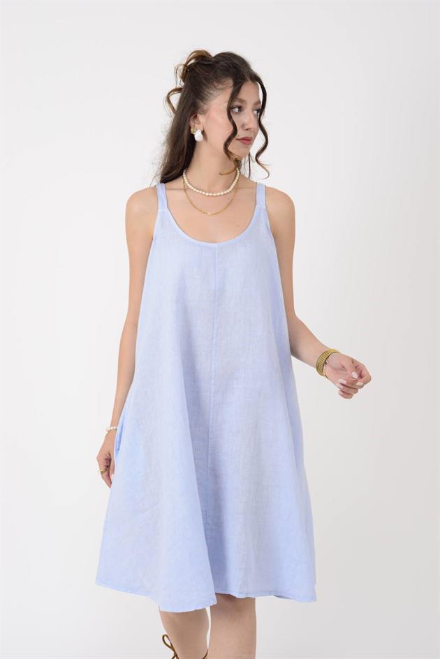 129151 AYARLANABİLİR ASKILI KISA KETEN ELBİSE