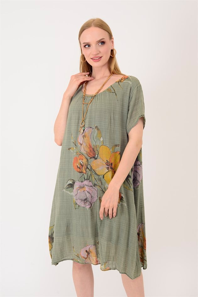 12957 SPRING ÇİÇEK DESEN KISA KOLLU KISA ELBİSE