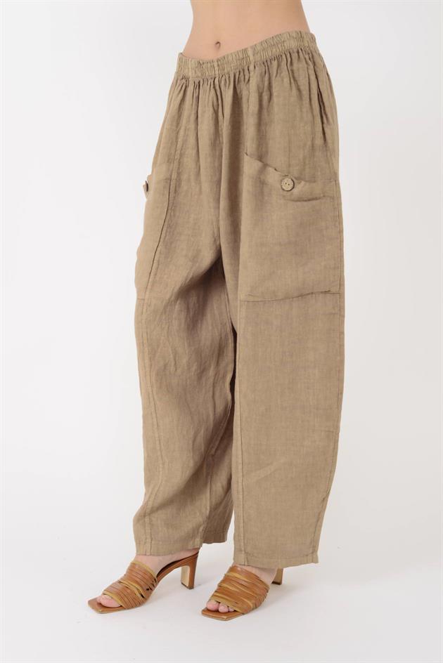 13227 DÜĞMELİ CEP DETAYLI LASTİKLİ KETEN PANTOLON