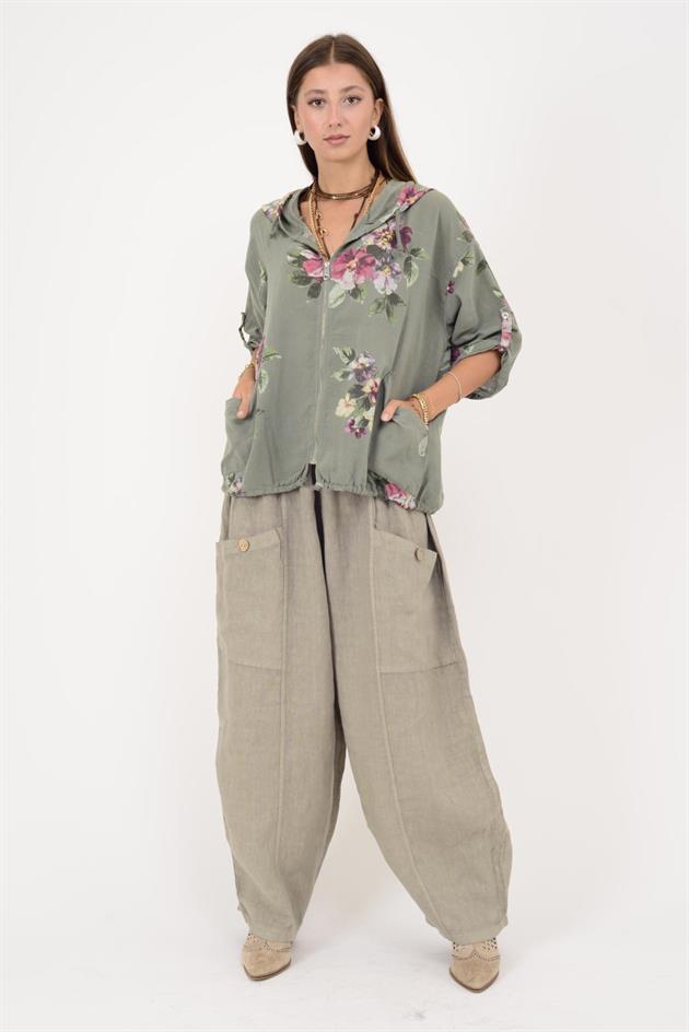 13227 DÜĞMELİ CEP DETAYLI LASTİKLİ KETEN PANTOLON