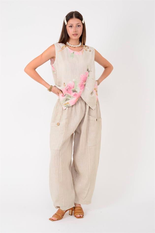 13227 DÜĞMELİ CEP DETAYLI LASTİKLİ KETEN PANTOLON