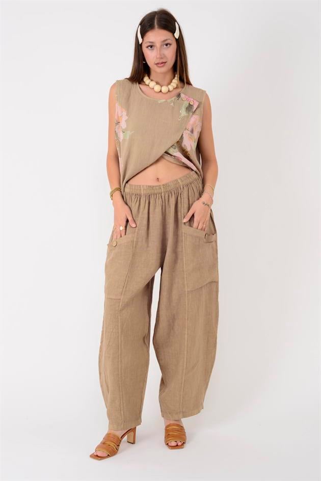 13227 DÜĞMELİ CEP DETAYLI LASTİKLİ KETEN PANTOLON