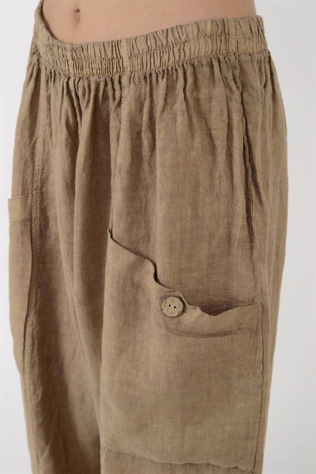 13227 DÜĞMELİ CEP DETAYLI LASTİKLİ KETEN PANTOLON
