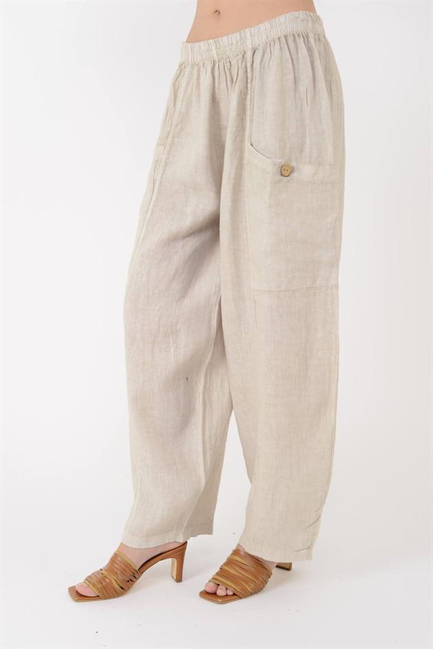 13227 DÜĞMELİ CEP DETAYLI LASTİKLİ KETEN PANTOLON