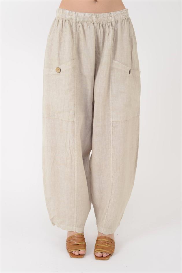 13227 DÜĞMELİ CEP DETAYLI LASTİKLİ KETEN PANTOLON