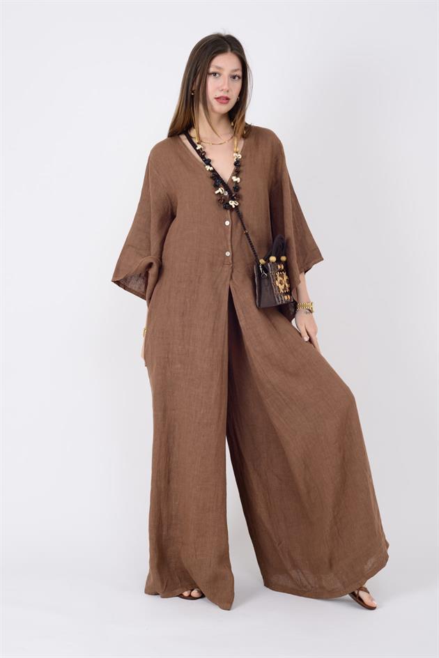 13927 ÜÇ DÜĞMELİ V YAKA KETEN TULUM