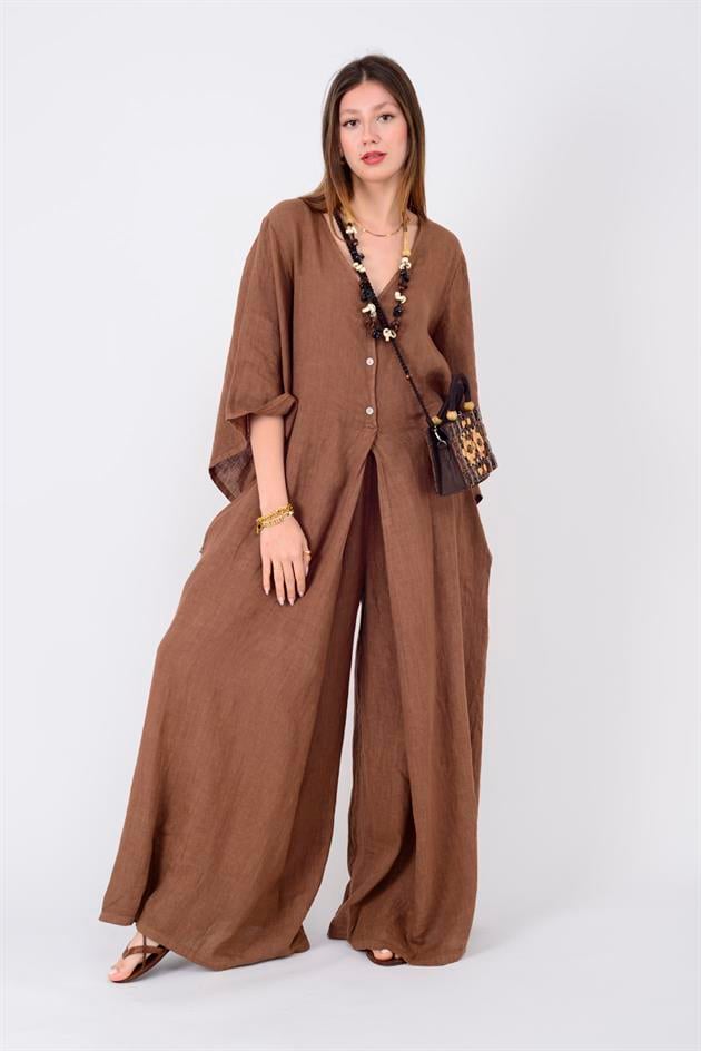 13927 ÜÇ DÜĞMELİ V YAKA KETEN TULUM