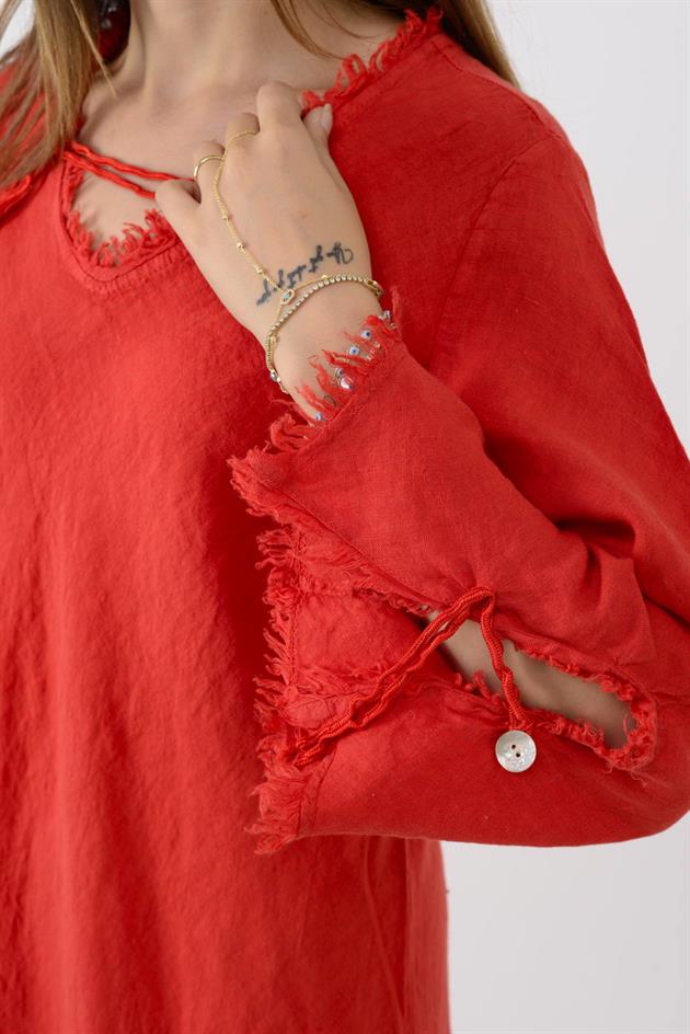 146923 LYON VEREV KESİM V YAKA KETEN ELBİSE