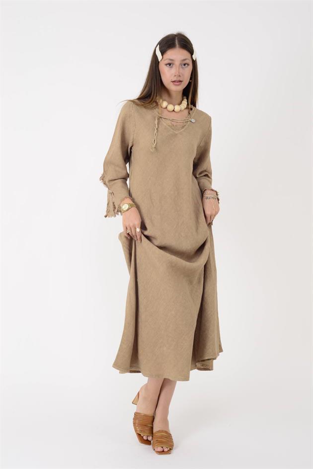 146923 LYON VEREV KESİM V YAKA KETEN ELBİSE