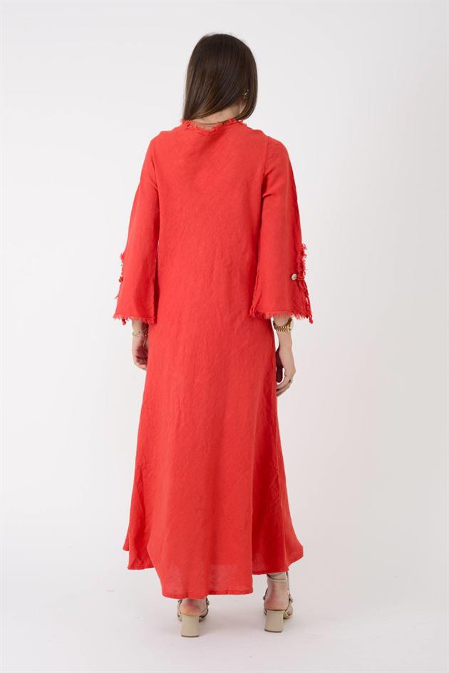 146923 LYON VEREV KESİM V YAKA KETEN ELBİSE