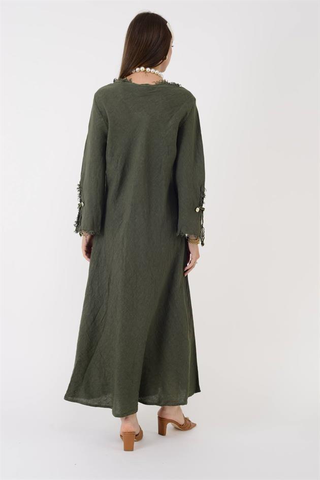 146923 LYON VEREV KESİM V YAKA KETEN ELBİSE