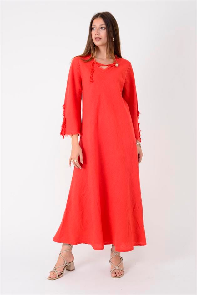 146923 LYON VEREV KESİM V YAKA KETEN ELBİSE