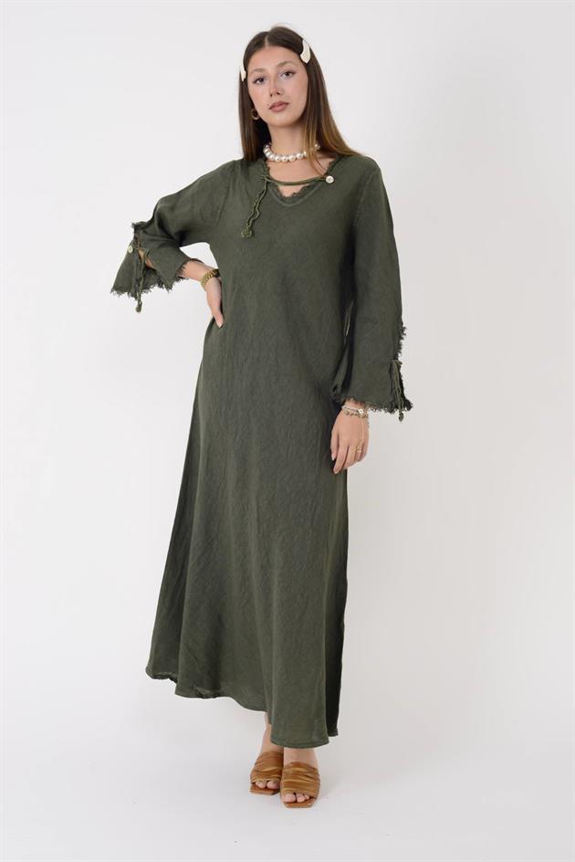 146923 LYON VEREV KESİM V YAKA KETEN ELBİSE