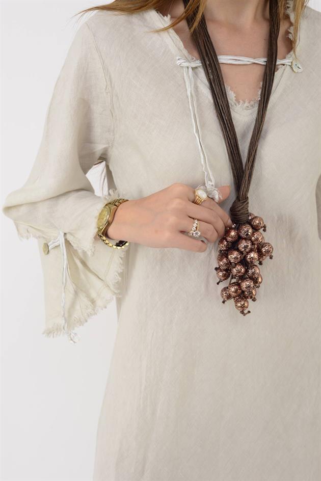 146923 LYON VEREV KESİM V YAKA KETEN ELBİSE