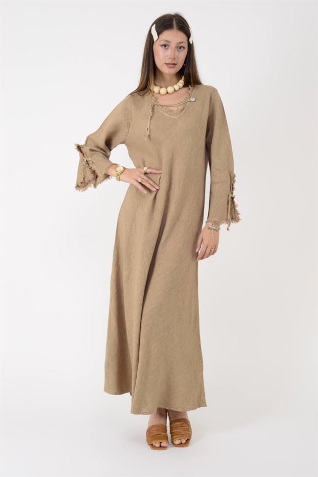 146923 LYON VEREV KESİM V YAKA KETEN ELBİSE