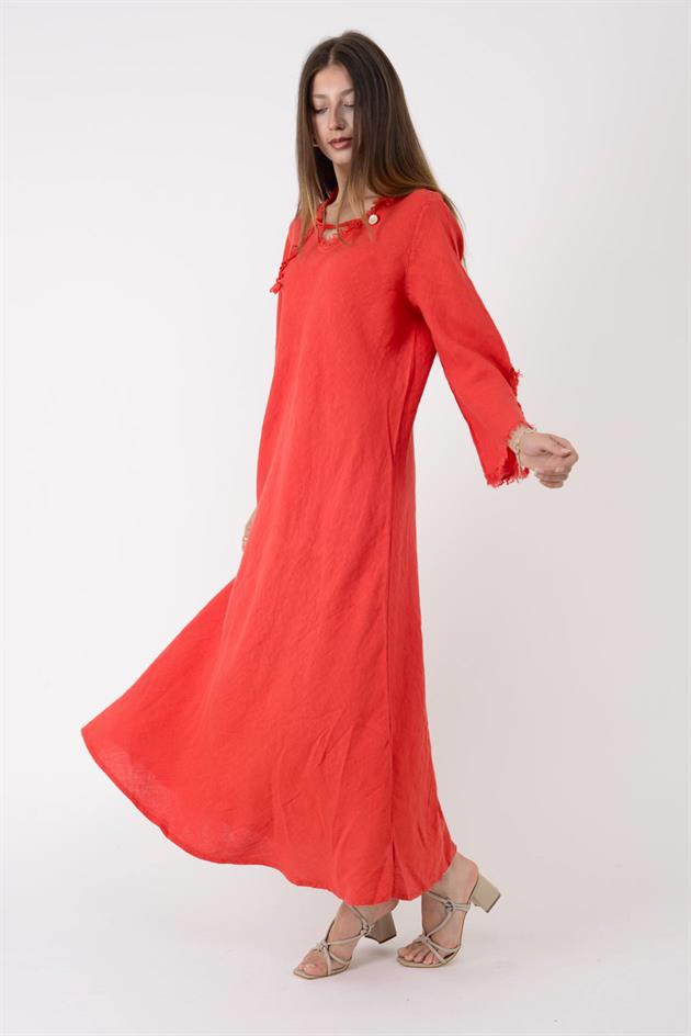 146923 LYON VEREV KESİM V YAKA KETEN ELBİSE