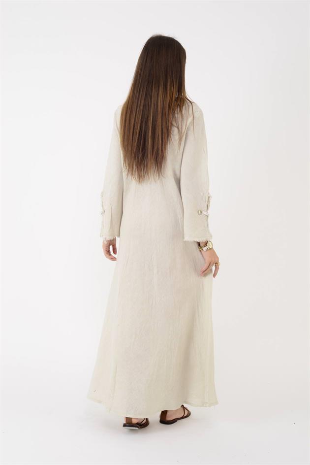 146923 LYON VEREV KESİM V YAKA KETEN ELBİSE