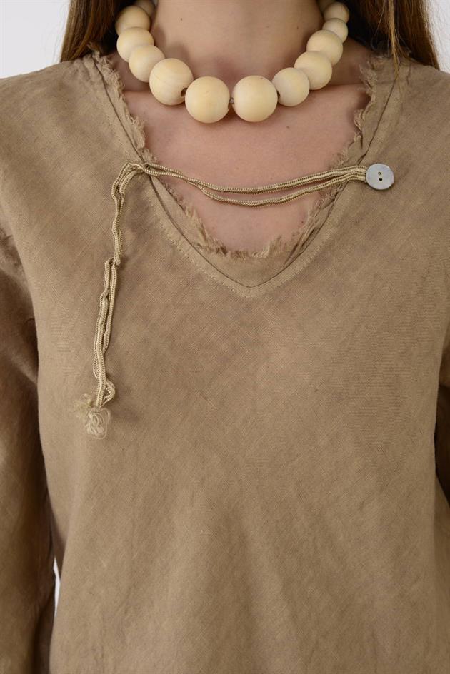 146923 LYON VEREV KESİM V YAKA KETEN ELBİSE