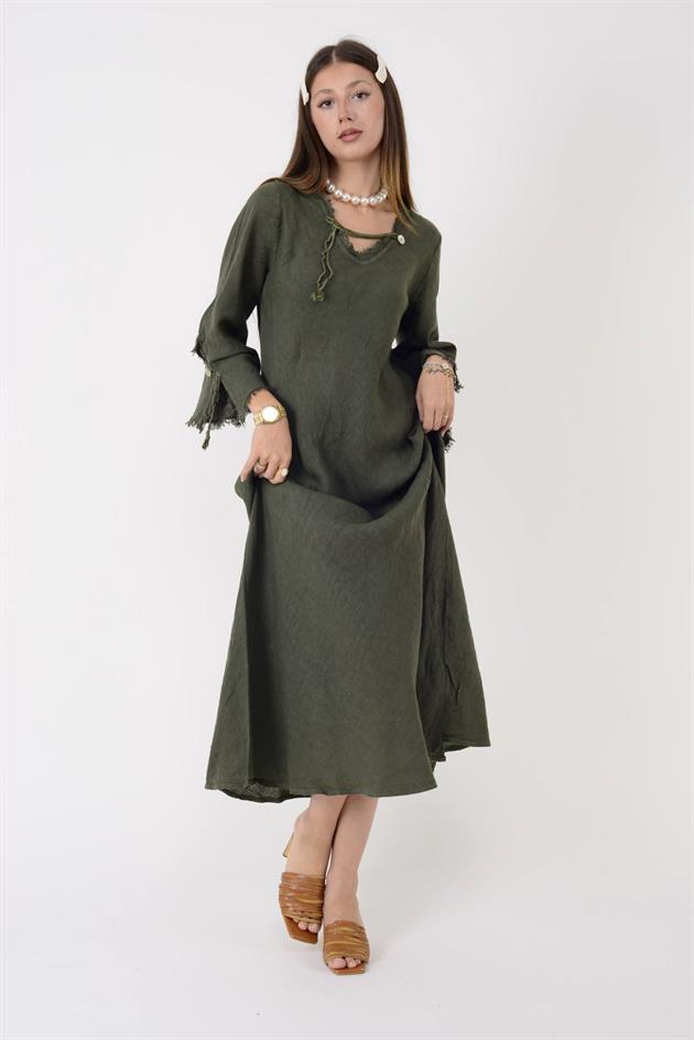 146923 LYON VEREV KESİM V YAKA KETEN ELBİSE