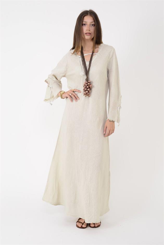 146923 LYON VEREV KESİM V YAKA KETEN ELBİSE