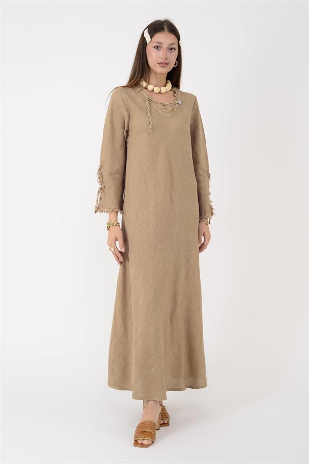 146923 LYON VEREV KESİM V YAKA KETEN ELBİSE