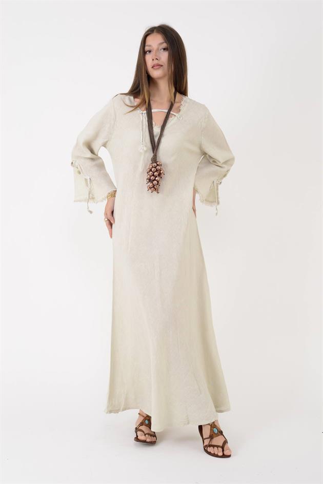 146923 LYON VEREV KESİM V YAKA KETEN ELBİSE