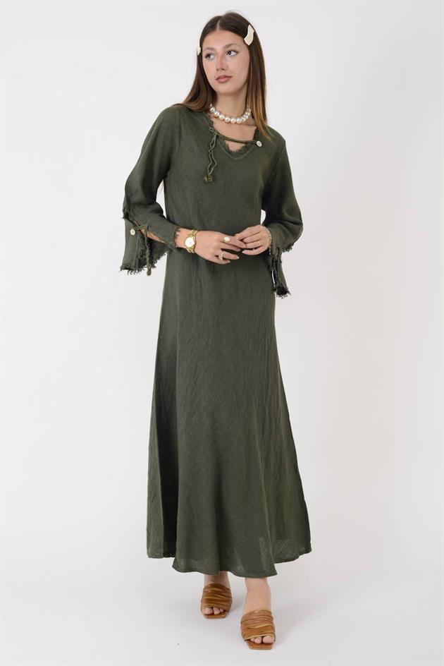 146923 LYON VEREV KESİM V YAKA KETEN ELBİSE