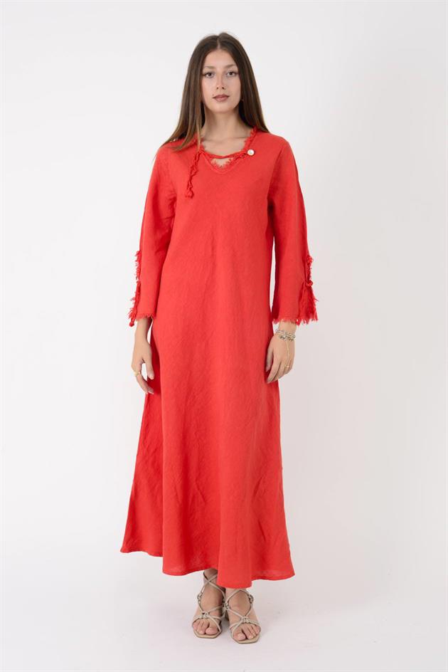 146923 LYON VEREV KESİM V YAKA KETEN ELBİSE