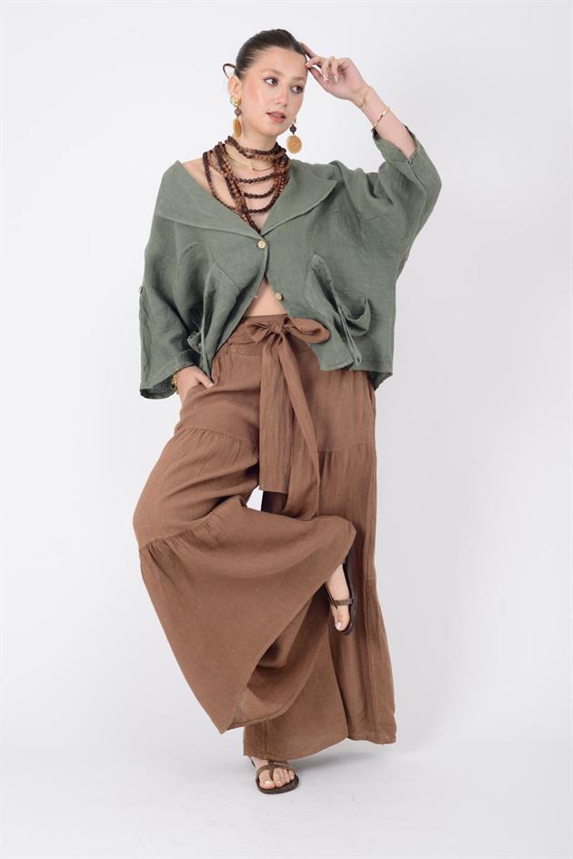 14740 FİYONK DETAYLI VOLAN KETEN PANTOLON