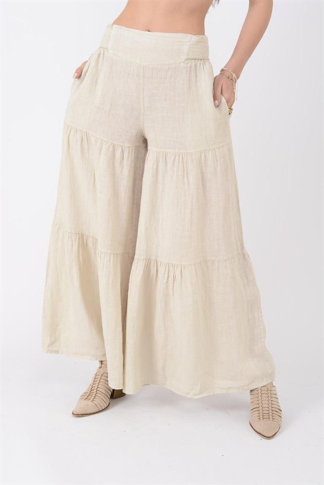 14740 FİYONK DETAYLI VOLAN KETEN PANTOLON