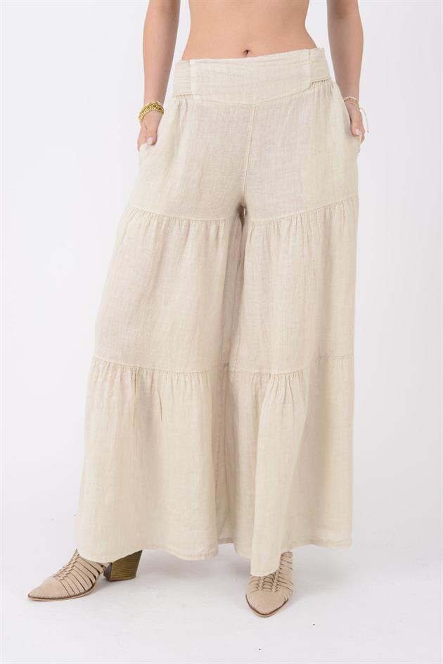 14740 FİYONK DETAYLI VOLAN KETEN PANTOLON