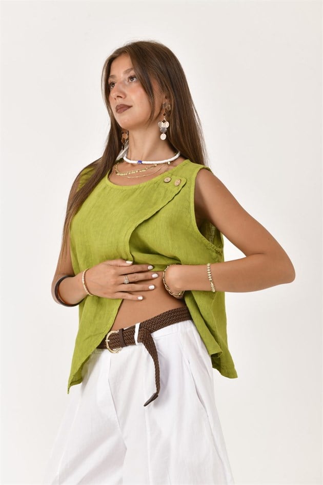 149281 ASİMETRİK KOLSUZ KETEN BLUZ