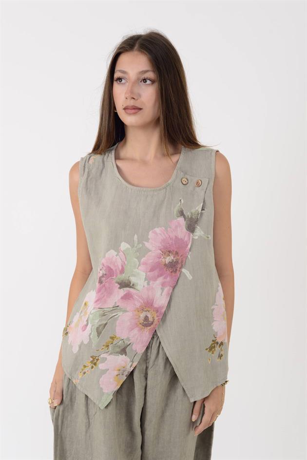 149281 BATİK ÇİÇEK DESEN ASİMETRİK KOLSUZ KETEN BLUZ