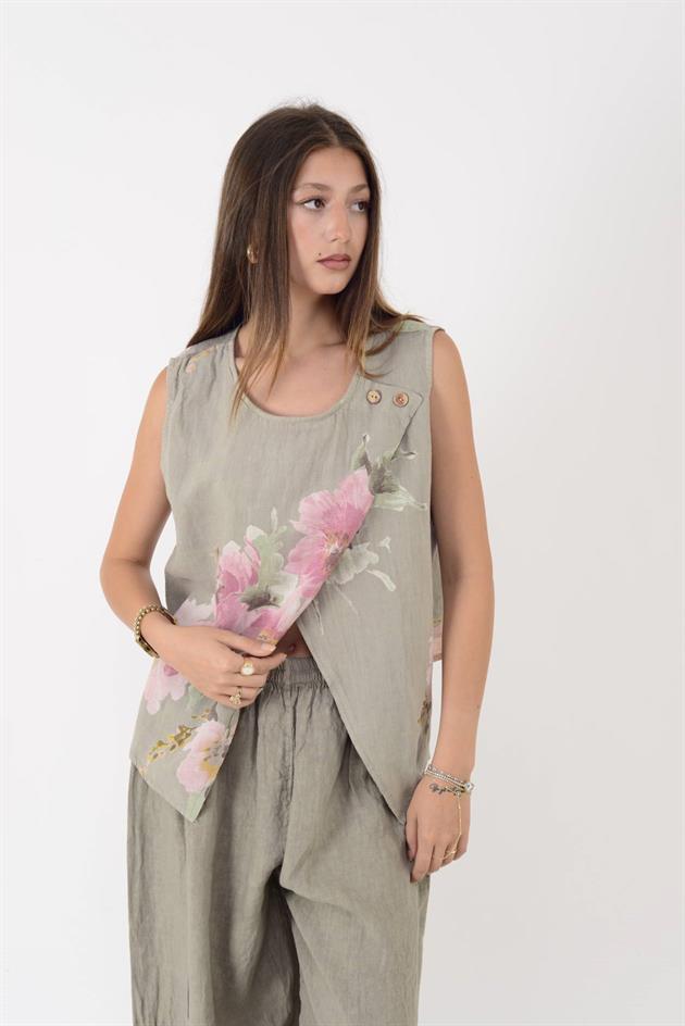 149281 BATİK ÇİÇEK DESEN ASİMETRİK KOLSUZ KETEN BLUZ