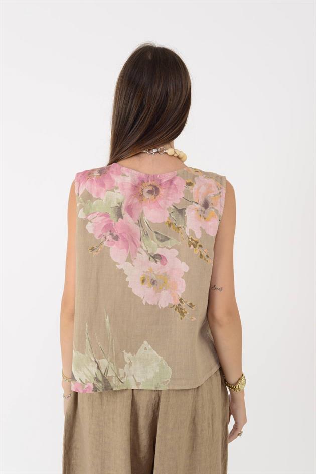 149281 BATİK ÇİÇEK DESEN ASİMETRİK KOLSUZ KETEN BLUZ