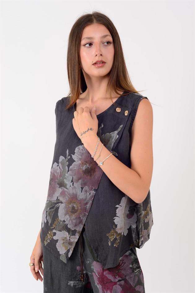 149281 BATİK ÇİÇEK DESEN ASİMETRİK KOLSUZ KETEN BLUZ