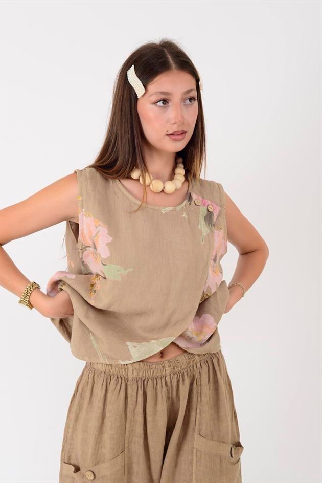 149281 BATİK ÇİÇEK DESEN ASİMETRİK KOLSUZ KETEN BLUZ