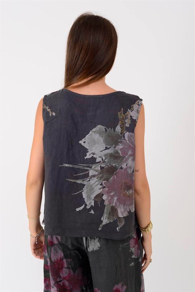 149281 BATİK ÇİÇEK DESEN ASİMETRİK KOLSUZ KETEN BLUZ