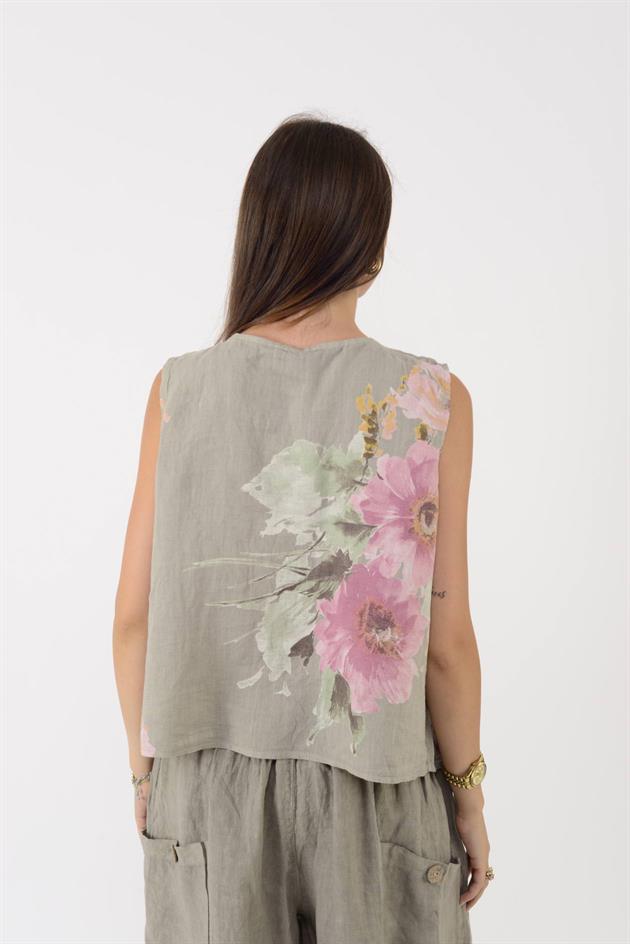 149281 BATİK ÇİÇEK DESEN ASİMETRİK KOLSUZ KETEN BLUZ