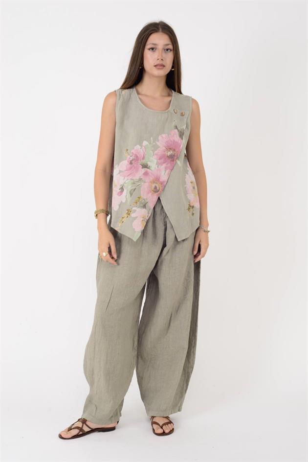 149281 BATİK ÇİÇEK DESEN ASİMETRİK KOLSUZ KETEN BLUZ